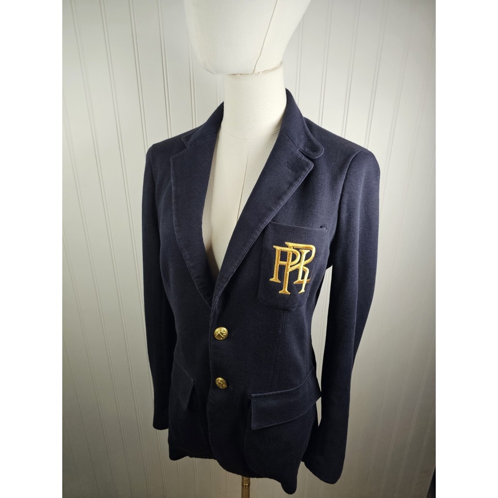 Polo Ralph Lauren Navy Blue Knit Cotton Blazer Women's 4 Logo Preppy Academia